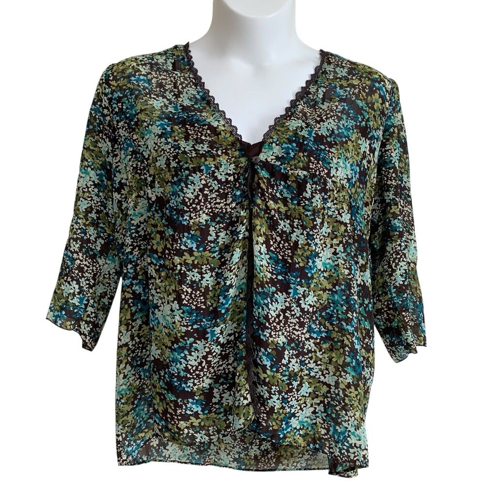 Elementz Sheer Blouse Top Womens Sz XL Green Brown Floral 3/4 Sleeve Split Front